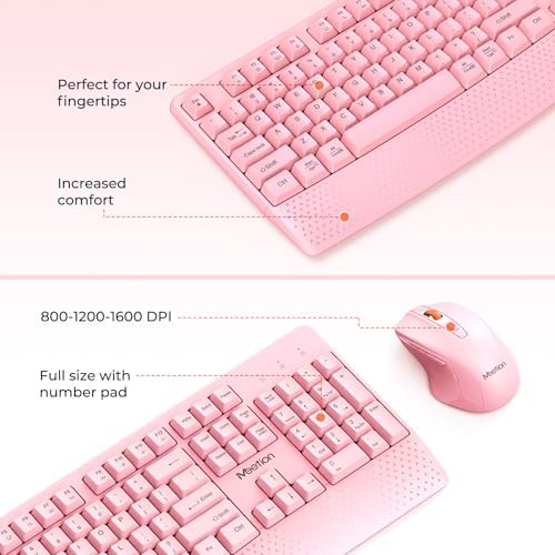 MEETION Wireless Keyboard and Mouse, Full-Sized Cordless Keyboard with Wrist Rest and 3 DPI Adjustable Mouse, 2.4G Wireless, Compatible with PC/Computer/Laptop/Windows/Mac, Pink - Image 3